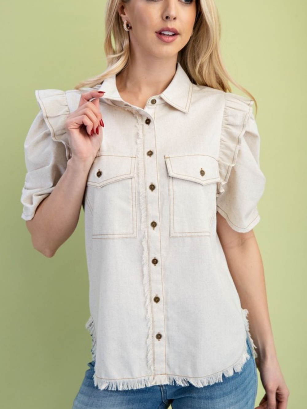 GIGIO NWT Ivory Ruffle Sleeve Utility Button Front Top PE1064